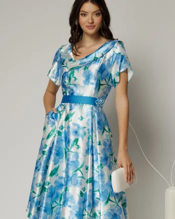 Rochie midi din satin cu imprimeuri bleu