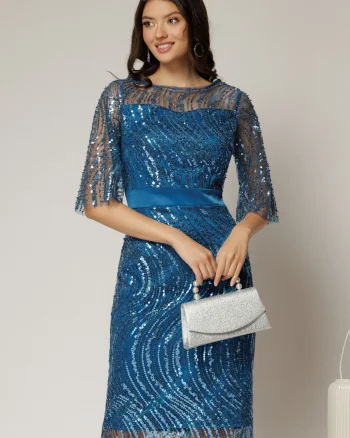 Rochie DY Fashion midi turcoaz din paiete si margele elegante
