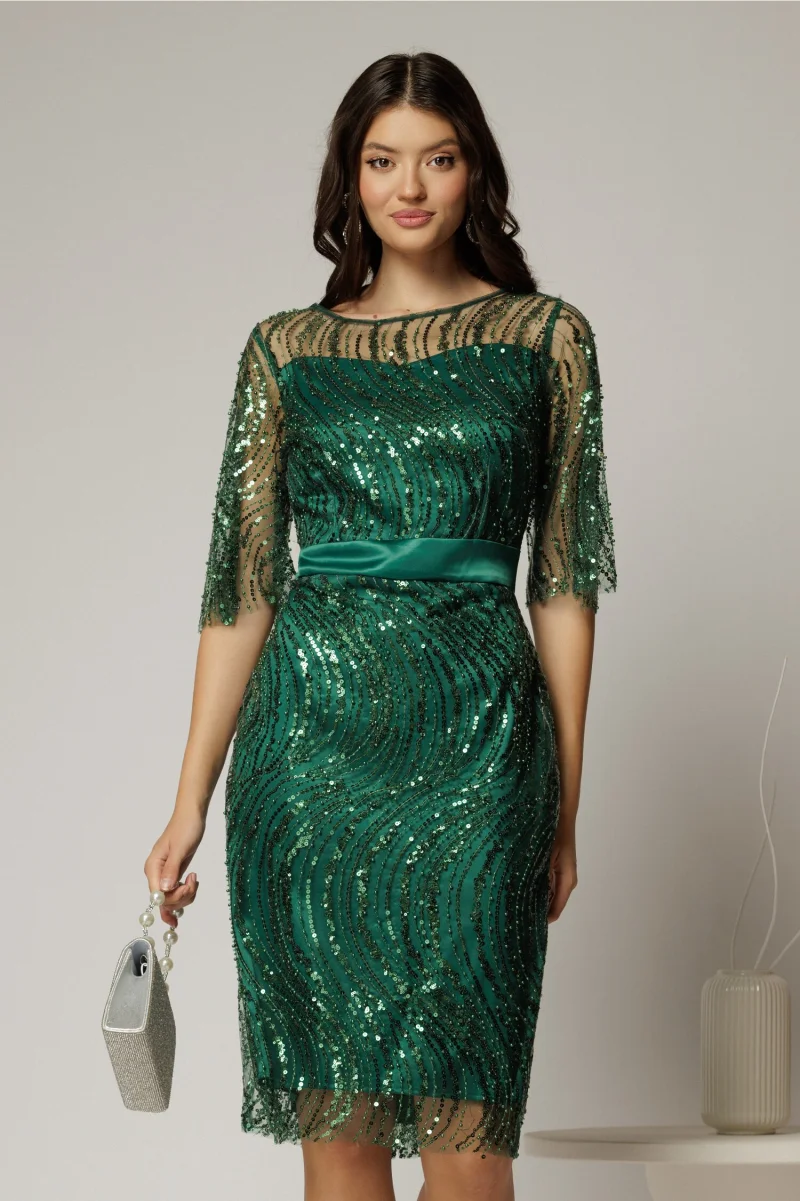 Rochie DY Fashion midi verde din paiete si margele elegante