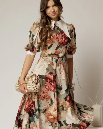 Rochie DY Fashion midi imprimeu floral rosu cu guler ascutit si maneci bufante