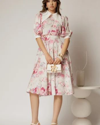 Rochie DY Fashion midi imprimeu floral roz cu guler ascutit si maneci bufante