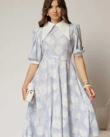 Rochie DY Fashion midi imprimeu floral bleu cu guler ascutit si maneci bufante