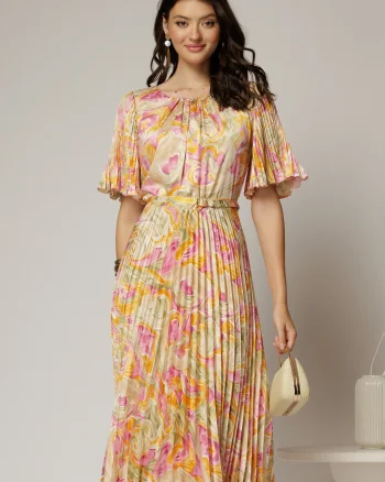 Rochie midi cu imprimeuri oranj din satin plisat si maneci scurte evazate