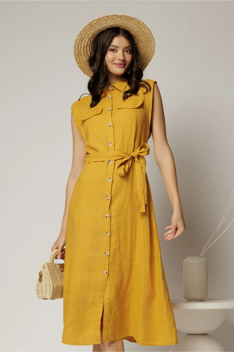 Rochie midi galben mustar din bumbac fara maneci cu cordon in talie