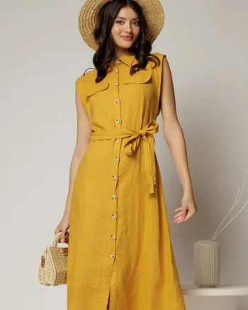 Rochie midi galben mustar din bumbac fara maneci cu cordon in talie