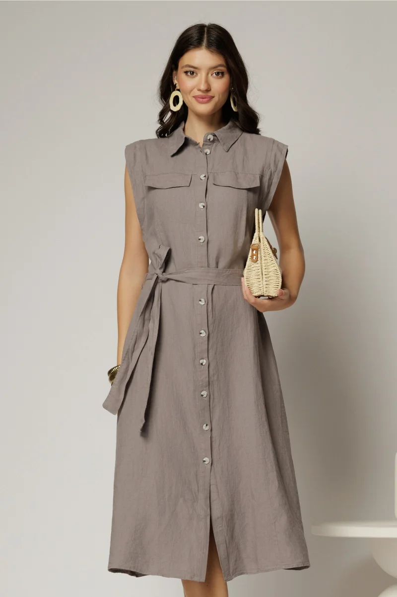 Rochie midi gri din bumbac fara maneci cu cordon in talie