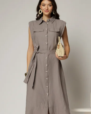 Rochie midi gri din bumbac fara maneci cu cordon in talie