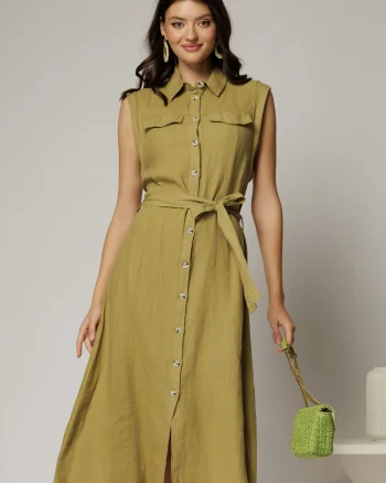 Rochie midi kaki din bumbac fara maneci cu cordon in talie