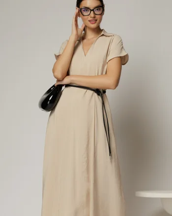 Rochie midi bej de vara din modal cu decolteu V si cordon in talie.