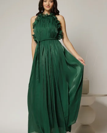 Rochie verde lunga de ocazie din voal peliculizat cu cordon impletit