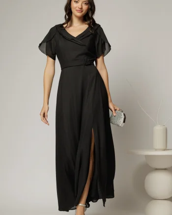 Rochie lunga de ocazie neagra din voal sidefat