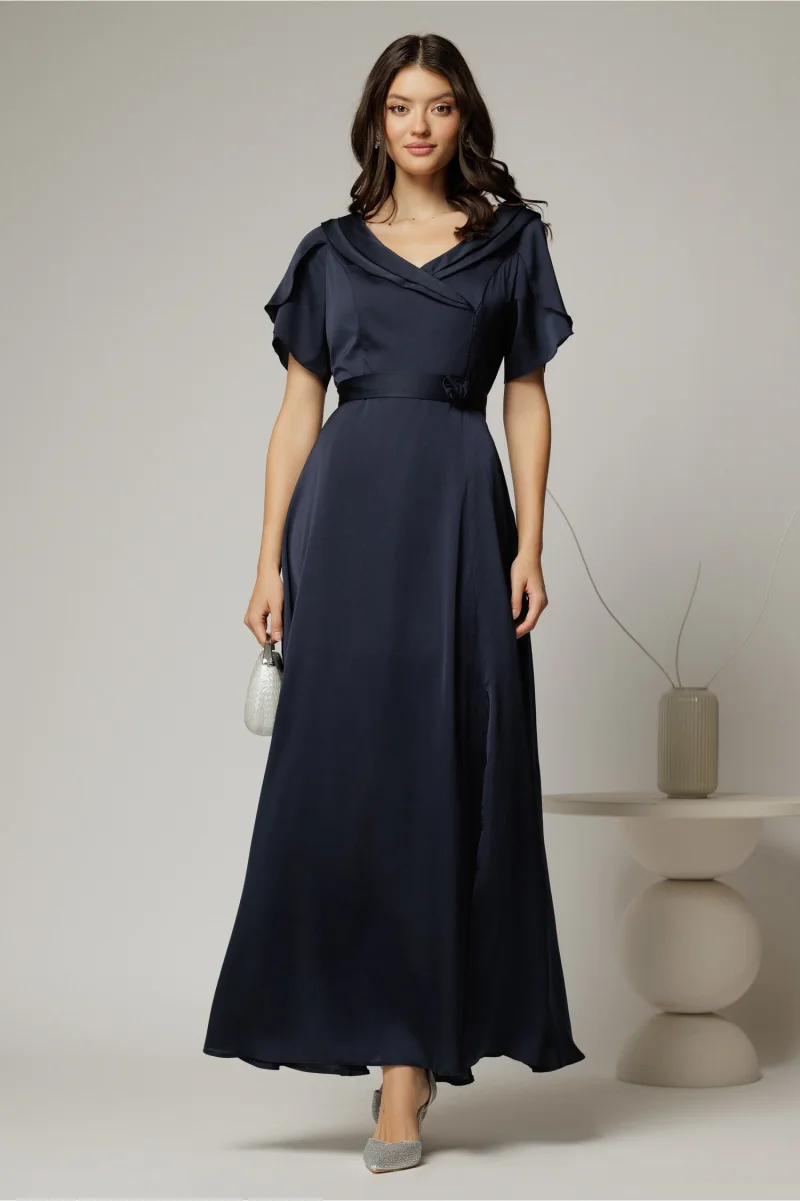 Rochie lunga bleumarin de ocazie din voal