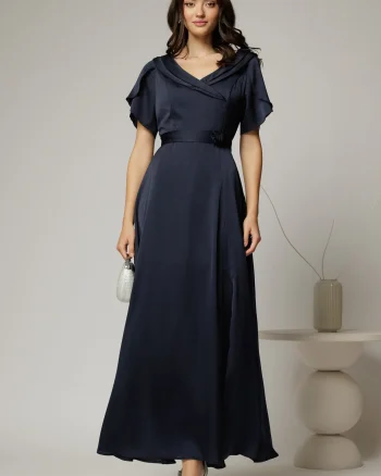 Rochie lunga bleumarin de ocazie din voal