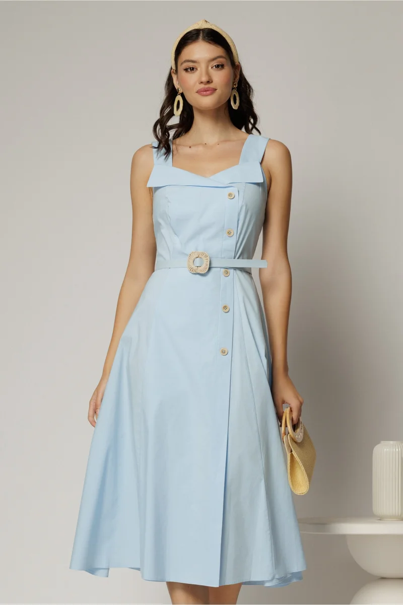 Rochie midi bleu din poplin cu nasturi si curea in talie