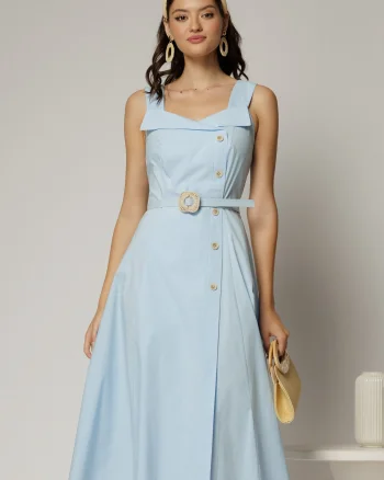 Rochie midi bleu din poplin cu nasturi si curea in talie