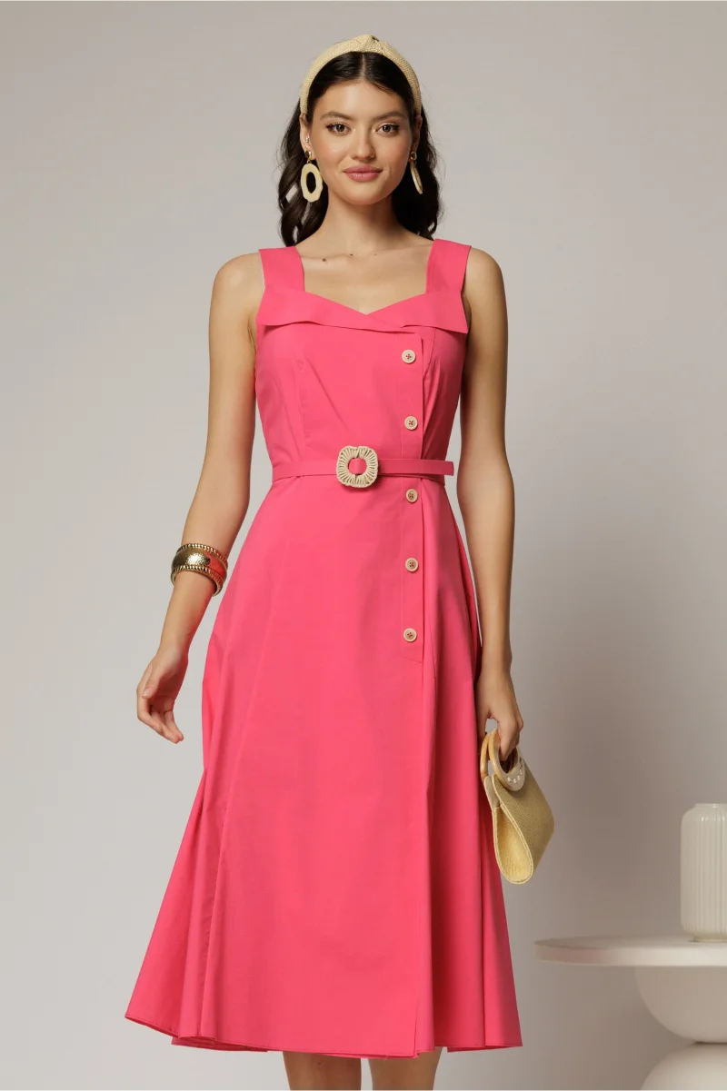 Rochie midi fucsia din poplin cu nasturi si curea in talie