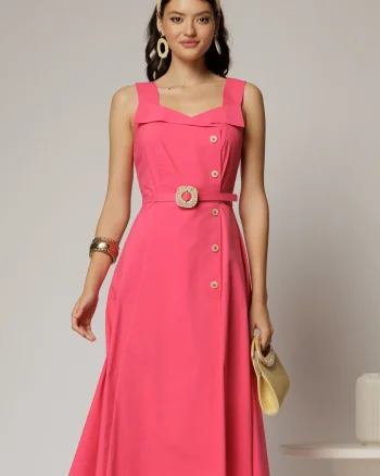 Rochie midi fucsia din poplin cu nasturi si curea in talie