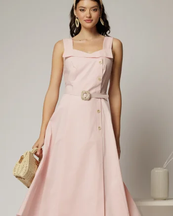 Rochie midi roz din poplin cu nasturi si curea in talie