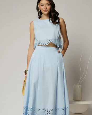 Compleu bleu din poplin format din fusta clos si top scurt