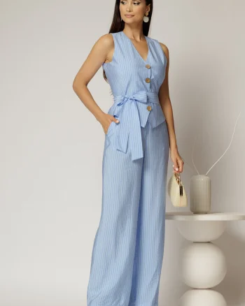 Pantaloni bej cu dungi din rayon cu croi lejer si cordon in talie