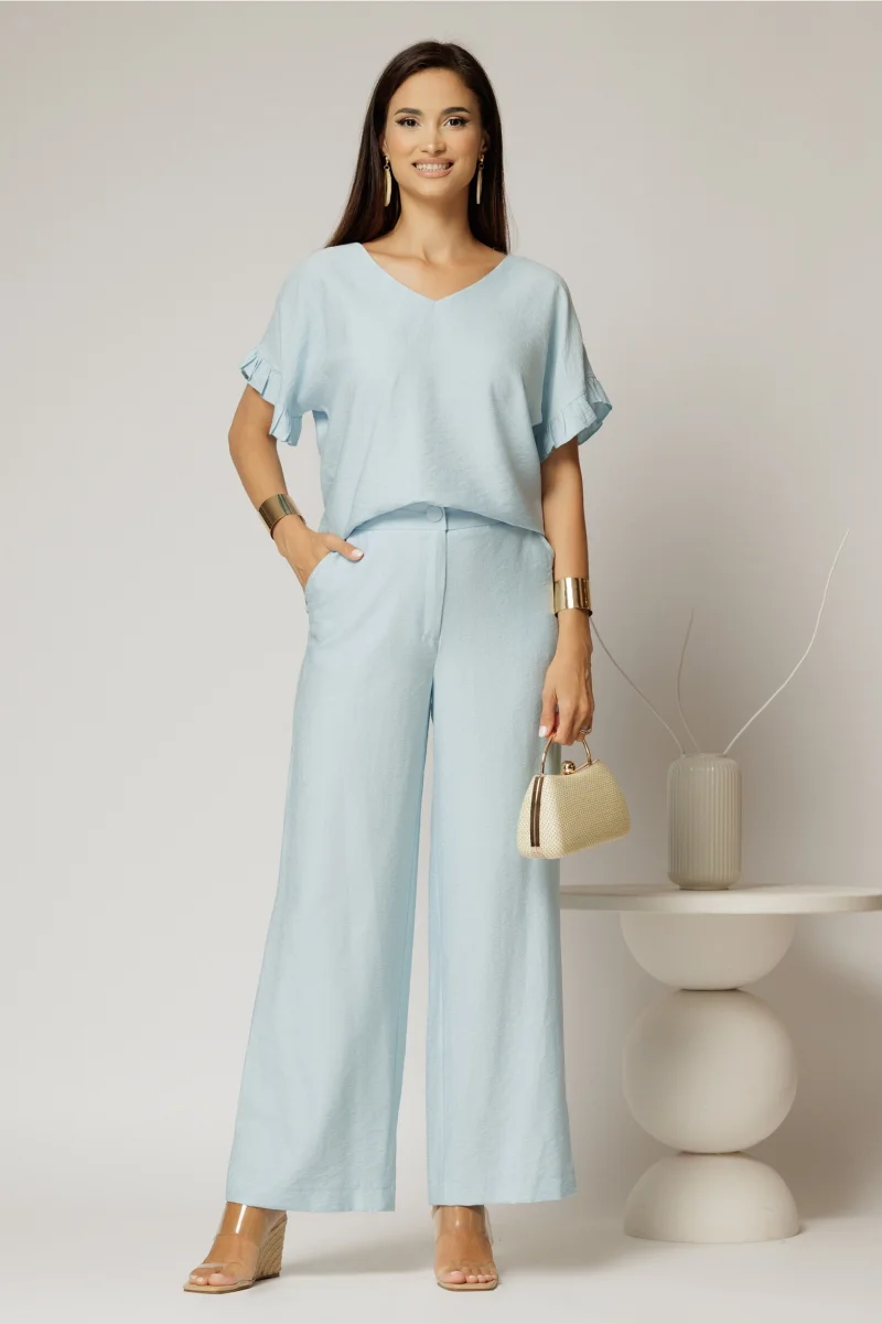 Compleu bleu din viscoza cu pantalon si bluza cu maneci lejere
