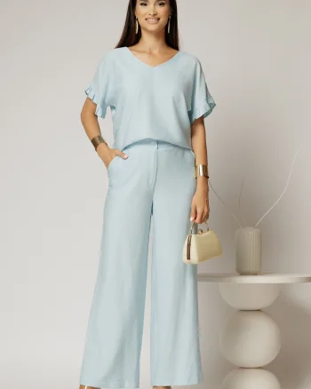 Compleu bleu din viscoza cu pantalon si bluza cu maneci lejere