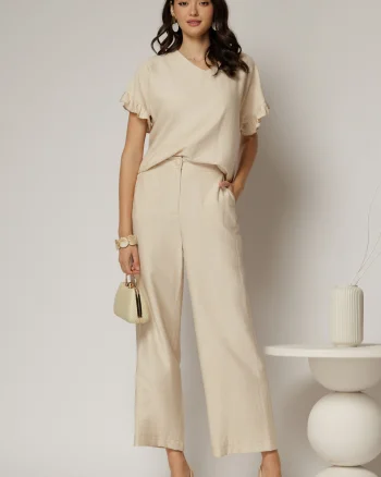 Compleu bej din viscoza cu pantalon si bluza cu maneci lejere