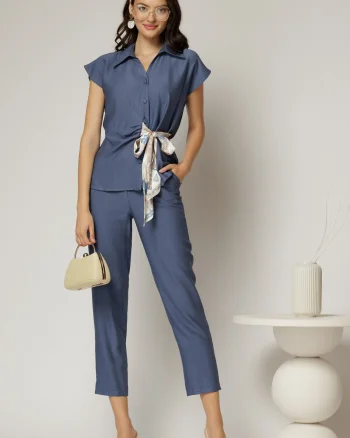 Compleu dama din viscoza bleumarin cu pantalon si camasa cu funda in talie