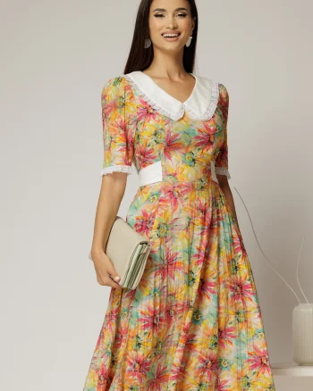 Rochie midi orange din vascoza cu imprimeu floral si guler alb brodat