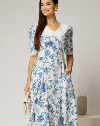 Rochie midi bleu din vascoza cu imprimeu floral si guler alb brodat