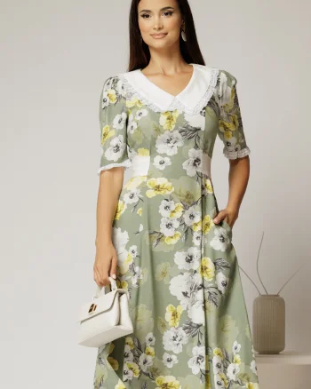 Rochie midi kaki din vascoza cu imprimeu floral si guler alb brodat