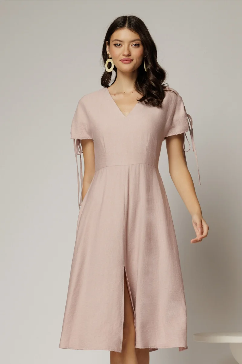 Rochie midi roz din viscoza cu decolteu V si snur la maneci