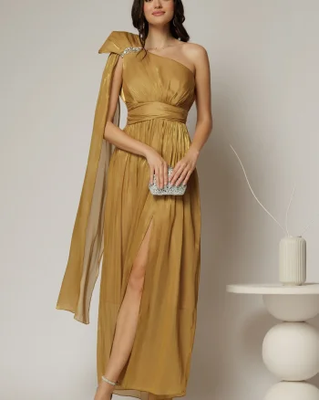 Rochie de seara galben mustar din voal peliculizat cu accesoriu pe umar