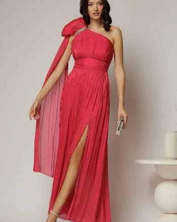 Rochie de seara fucsia din voal peliculizat cu accesoriu pe umar