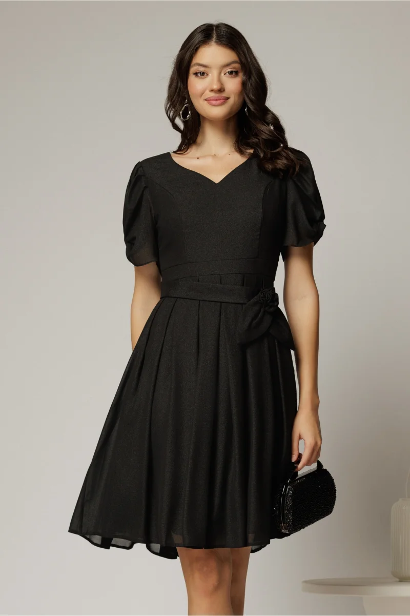 Rochie midi neagra din voal sidefat cu cordon detasabil