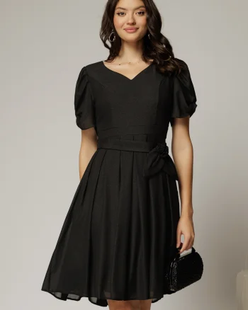 Rochie midi neagra din voal sidefat cu cordon detasabil