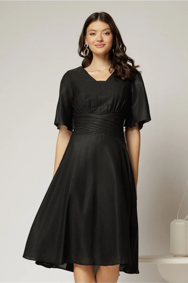 Rochie midi neagra de ocazie din voal cu sidef si decolteu in V