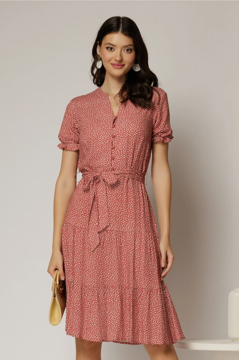 Rochie midi din viscoza caramizie cu imprimeu alb