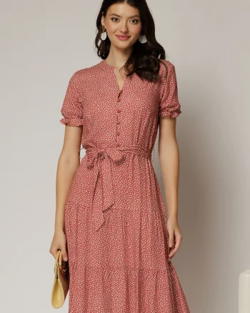 Rochie midi din viscoza caramizie cu imprimeu alb