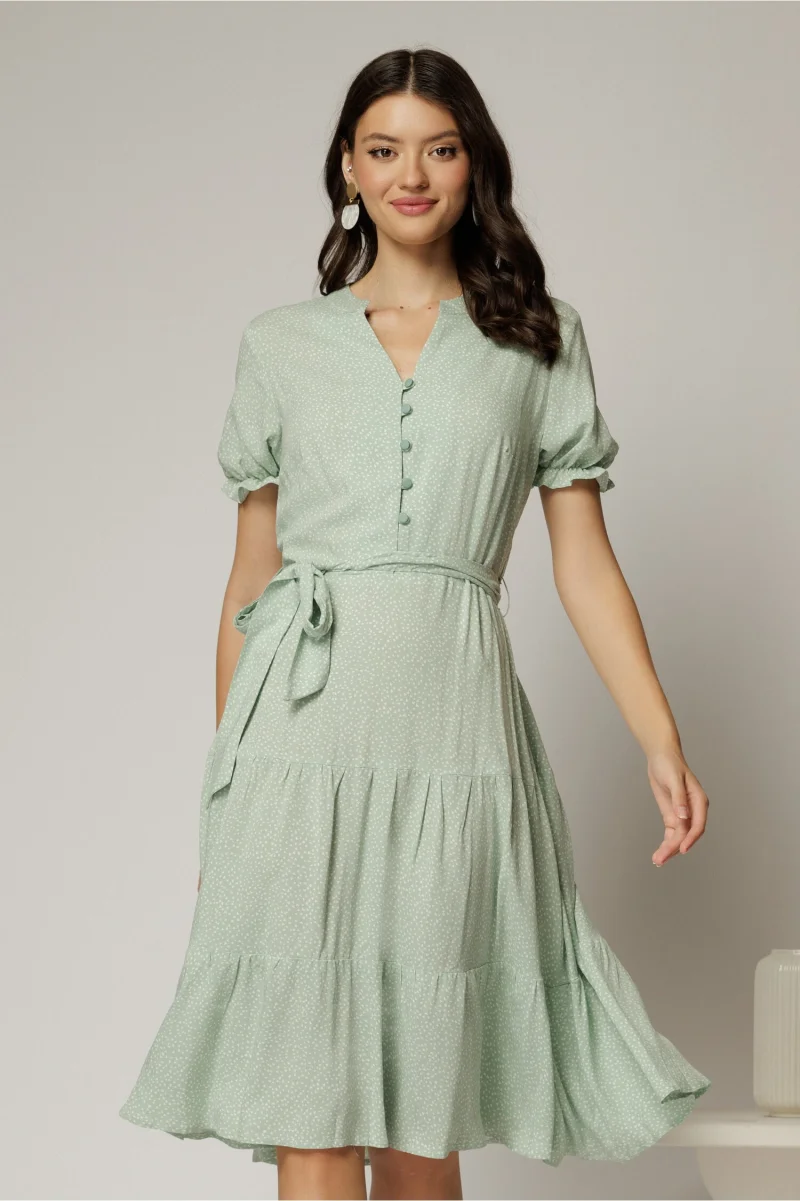Rochie midi din viscoza verde fistic cu imprimeu alb