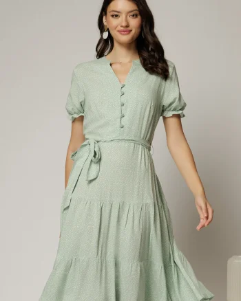 Rochie midi din viscoza verde fistic cu imprimeu alb