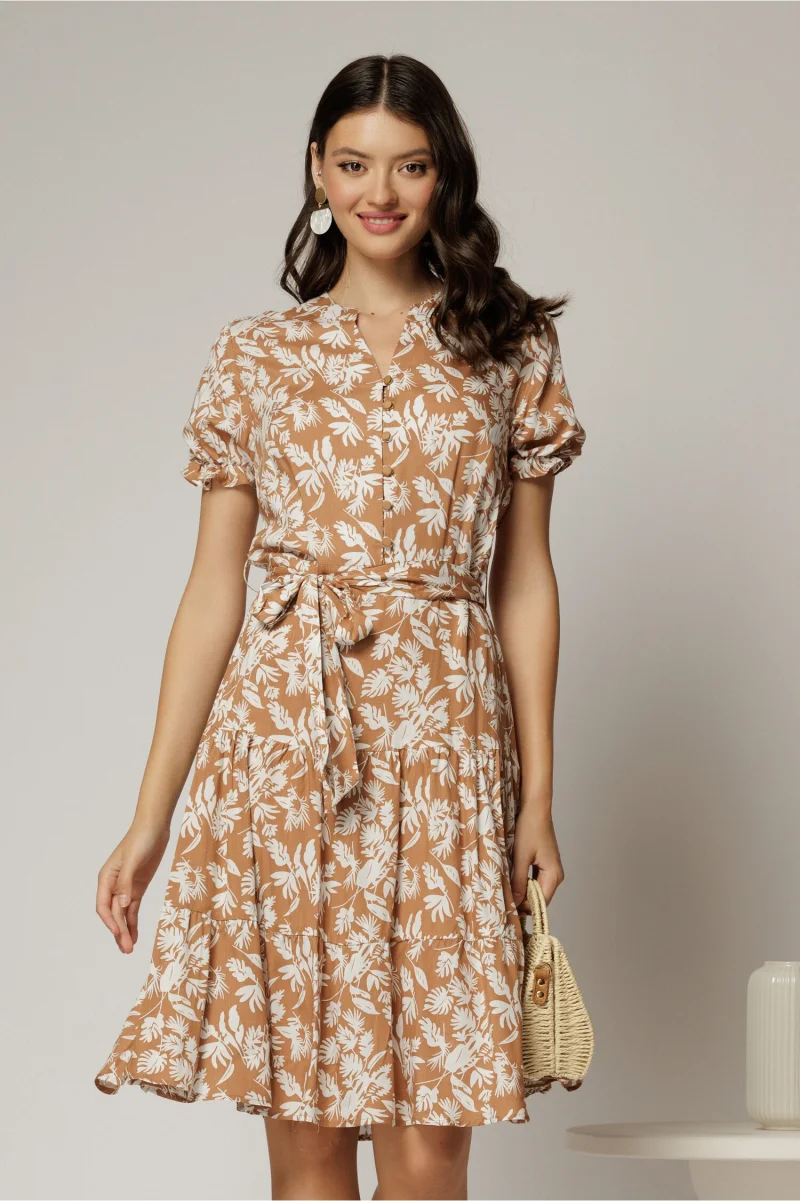 Rochie midi din viscoza maro cu imprimeu alb