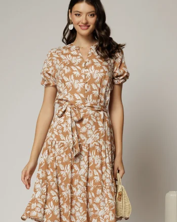 Rochie midi din viscoza maro cu imprimeu alb