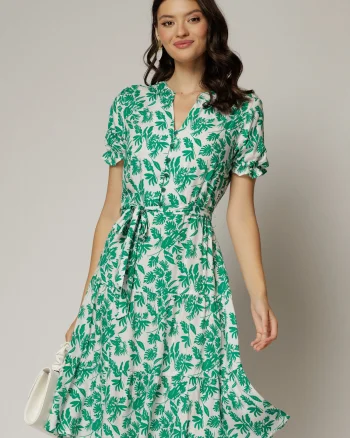 Rochie midi din viscoza alba cu imprimeu verde