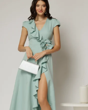 Rochie DY Fashion verde menta midi cu volanas pe fusta si detaliu amplu foral