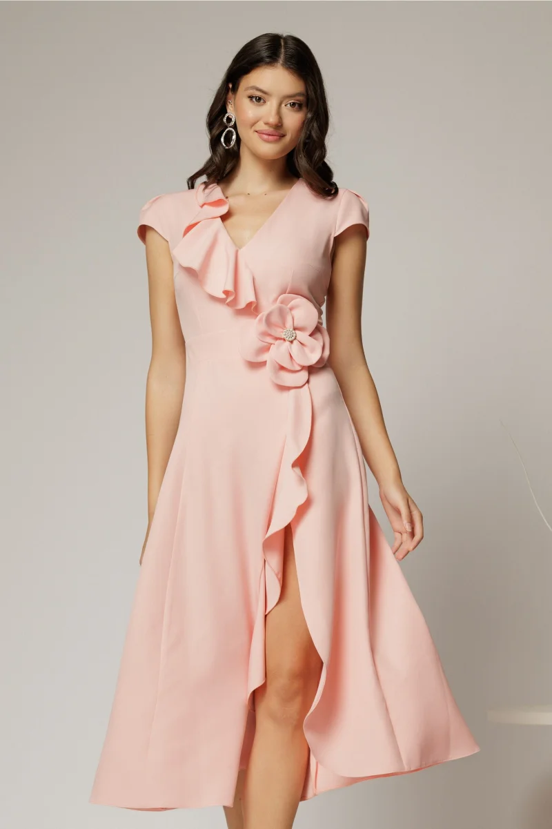 Rochie DY Fashion roz midi cu volanas pe fusta si detaliu amplu foral