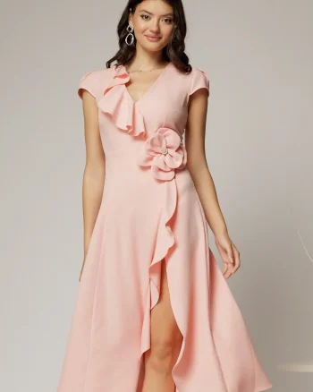 Rochie DY Fashion roz midi cu volanas pe fusta si detaliu amplu foral