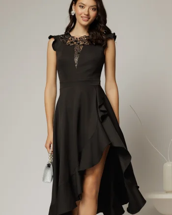 Rochie DY Fashion neagra asimetrica cu aplicatii la decolteu si volanas