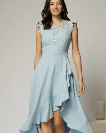 Rochie DY Fashion bleu asimetrica cu aplicatii la decolteu si volanas
