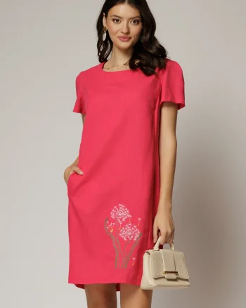 Rochie fucsia din in cu flori brodate si croi drept